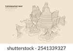 3D topographic map. Geographic contour map with elevation lines. Detailed terrain visualization concept. Vector illustration of landscape elevations and natural relief.