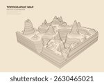 3D topographic map. Geographic contour map with elevation lines. Detailed terrain visualization concept. Vector illustration of landscape elevations and natural relief.