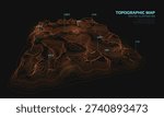 3D topographic map. Geographic contour map background with elevation lines. Detailed terrain visualization concept. Vector illustration of landscape elevations and natural relief.