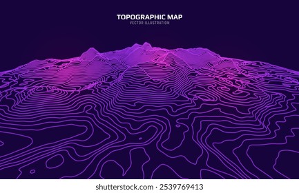 Mapa topográfico 3D. Plano de fundo do mapa do contorno geográfico com linhas de elevação. Conceito detalhado de visualização do terreno. Ilustração vetorial das elevações da paisagem e do relevo natural.