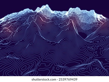 Mapa topográfico 3D. Plano de fundo do mapa do contorno geográfico com linhas de elevação. Conceito detalhado de visualização do terreno. Ilustração vetorial das elevações da paisagem e do relevo natural.