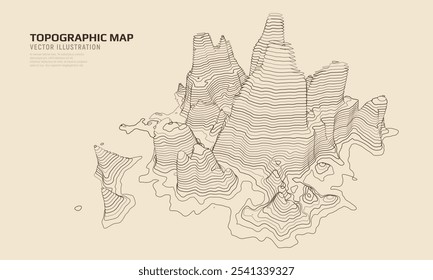 3D topographic map. Geographic contour map with elevation lines. Detailed terrain visualization concept. Vector illustration of landscape elevations and natural relief.