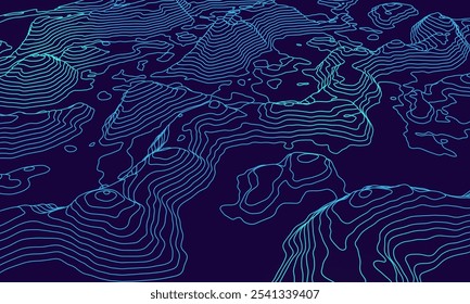 3D topographic map. Geographic contour map background with elevation lines. Detailed terrain visualization concept. Vector illustration of landscape elevations and natural relief.