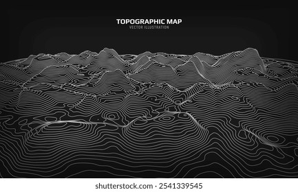 Mapa topográfico 3D. Plano de fundo do mapa do contorno geográfico com linhas de elevação. Conceito detalhado de visualização do terreno. Ilustração vetorial das elevações da paisagem e do relevo natural.