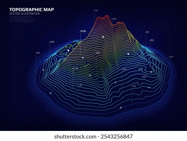 Mapa topográfico 3D. Mapa do contorno geográfico com linhas de elevação. Conceito detalhado de visualização do terreno. Ilustração vetorial das elevações da paisagem e do relevo natural.