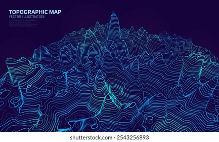 Mapa topográfico 3D. Plano de fundo do mapa do contorno geográfico com linhas de elevação. Conceito detalhado de visualização do terreno. Ilustração vetorial das elevações da paisagem e do relevo natural.