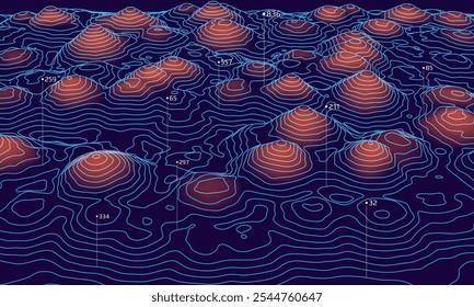 Mapa topográfico 3D. Plano de fundo do mapa do contorno geográfico com linhas de elevação. Conceito detalhado de visualização do terreno. Ilustração vetorial das elevações da paisagem e do relevo natural.