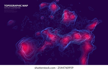 Mapa topográfico 3D. Plano de fundo do mapa do contorno geográfico com linhas de elevação. Conceito detalhado de visualização do terreno. Ilustração vetorial das elevações da paisagem e do relevo natural.