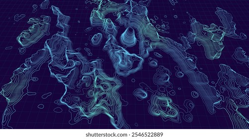 Mapa topográfico 3D. Plano de fundo do mapa do contorno geográfico com linhas de elevação. Conceito detalhado de visualização do terreno. Ilustração vetorial das elevações da paisagem e do relevo natural.