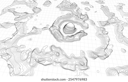 Mapa topográfico 3D. Plano de fundo do mapa do contorno geográfico com linhas de elevação. Conceito detalhado de visualização do terreno. Ilustração vetorial das elevações da paisagem e do relevo natural.