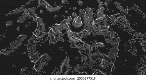 3D topographic map. Geographic contour map background with elevation lines. Detailed terrain visualization concept. Vector illustration of landscape elevations and natural relief.