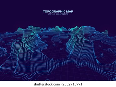 Mapa topográfico 3D. Plano de fundo do mapa do contorno geográfico com linhas de elevação. Conceito detalhado de visualização do terreno. Ilustração vetorial das elevações da paisagem e do relevo natural.