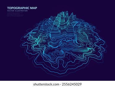 3D topographic map. Geographic contour map with elevation lines. Detailed terrain visualization concept. Vector illustration of landscape elevations and natural relief.