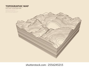 3D topographic map. Geographic contour map with elevation lines. Detailed terrain visualization concept. Vector illustration of landscape elevations and natural relief.