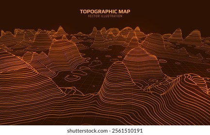 3D topographic map. Geographic contour map background with elevation lines. Detailed terrain visualization concept. Vector illustration of landscape elevations and natural relief.