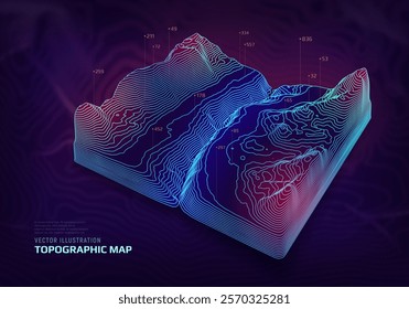 3D topographic map. Geographic contour map with elevation lines. Detailed terrain visualization concept. Vector illustration of landscape elevations and natural relief.