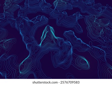 3D topographic map. Geographic contour map background with elevation lines. Detailed terrain visualization concept. Vector illustration of landscape elevations and natural relief.