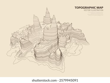 3D topographic map. Geographic contour map with elevation lines. Detailed terrain visualization concept. Vector illustration of landscape elevations and natural relief.