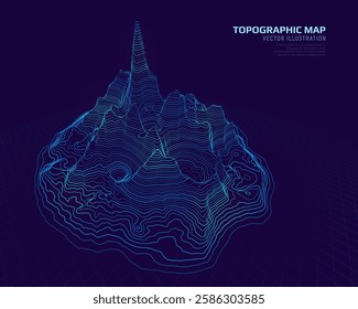 3D topographic map. Geographic contour map with elevation lines. Detailed terrain visualization concept. Vector illustration of landscape elevations and natural relief.