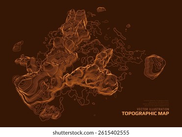 3D topographic map. Geographic contour map background with elevation lines. Detailed terrain visualization concept. Vector illustration of landscape elevations and natural relief.