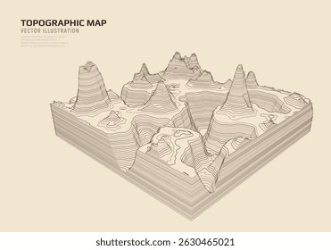 Mapa topográfico 3D. Mapa do contorno geográfico com linhas de elevação. Conceito detalhado de visualização do terreno. Ilustração vetorial das elevações da paisagem e do relevo natural.