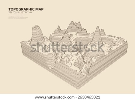 3D topographic map. Geographic contour map with elevation lines. Detailed terrain visualization concept. Vector illustration of landscape elevations and natural relief.