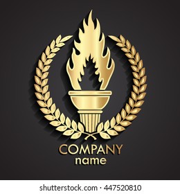 3d torch with laurel wreath gold logo / vector illustration