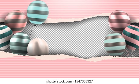 3d torn paper and balloons background cover template, new year and christmas 2020 celebration card