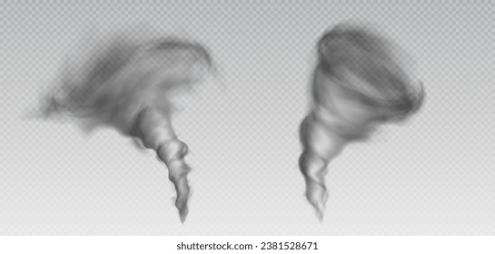 3d tornado and hurricane isolated vector storm vortex. Realistic whirlwind twister cloud effect icon. Transparent air funnel whirl. Spiral disaster windstorm set. Different typhoon collection