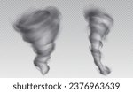 3d tornado hurricane vector cyclone storm effect. Isolated realistic transparent wind vortex weather icon. Extreme typhoon funnel phenomenon. Spiral windstorm speed abstract grey smoke design set