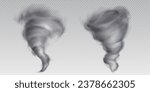 3d tornado hurricane vector cyclone storm effect. Isolated realistic transparent wind vortex weather icon. Extreme typhoon funnel phenomenon. Spiral windstorm speed abstract grey smoke design set
