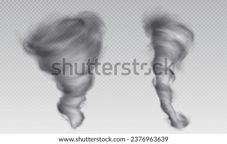 3d tornado hurricane vector cyclone storm effect. Isolated realistic transparent wind vortex weather icon. Extreme typhoon funnel phenomenon. Spiral windstorm speed abstract grey smoke design set