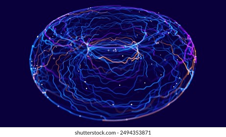 Fondo de líneas de flujo Abstractas de toros 3D. Concepto de campo de fuerza electromagnético. Ciencia Física Antecedentes. Ilustración vectorial. Diseño de Objetos Torus de Energy Fields.