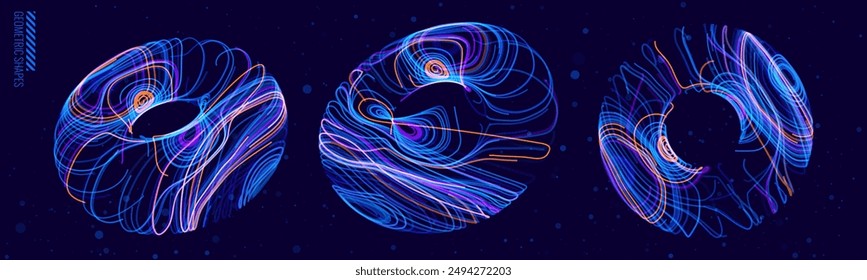 3D Torus Dots and Lines. Electromagnetic Force Field Concept. Science Physics Background. Vector Illustration. Energy Fields Torus Objects Design Elements.