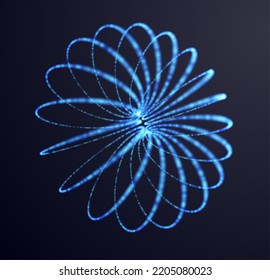 3D Torus Dots and Lines made of glowing lights. Electromagnetic Force Field Concept. Science Physics Background.