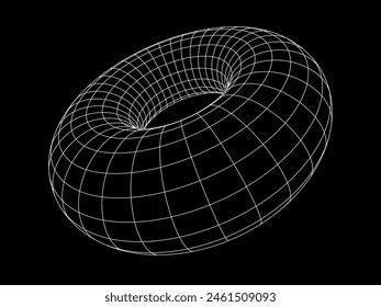 3D Torus model. Abstract Wireframe Grid. Low Poly Shape. Polygonal Linear Figure. Vector Illustration. Synthwave Modern Graphic Design Element.