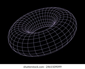 3D Torus model. Abstract Wireframe Grid. Low Poly Shape. Polygonal Linear Figure. Vector Illustration. Synthwave Modern Graphic Design Element.