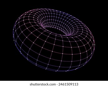 3D Torus model. Abstract Wireframe Grid. Low Poly Shape. Polygonal Linear Figure. Vector Illustration. Synthwave Modern Graphic Design Element.