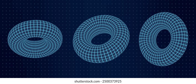 3D torus shapes with abstract wireframe and mesh grids. Geometric donut elements with intricate grid patterns. Y2k cyberpunk aesthetic in a futuristic digital design.