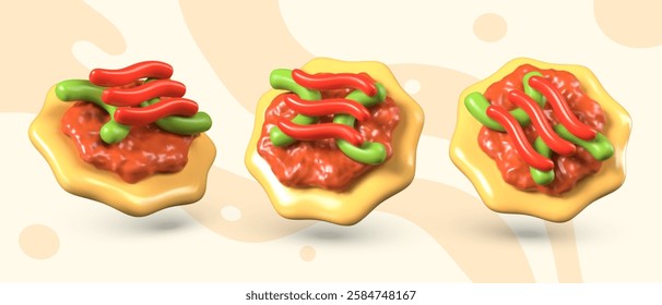 3D tostada in different positions. Vector isolated element, dish of Mexican cuisine