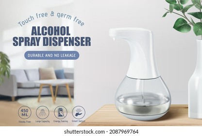 3d touch free alcohol spray dispenser ad template. Hand sanitizer spray dispenser mock up on a wooden table in home living room