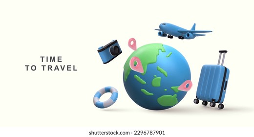 3d concepto de turismo y viaje, perilla de la tierra y localización con vuelo en avión. Ilustración vectorial. 