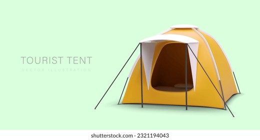 3D tourist tent with canopy above entrance. Yellow camping folding house. Protective structure for spending night outdoor. Advertising banner for tourist sites. Template for web design