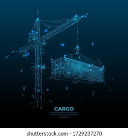 3D Turmkran, der einen Frachtcontainer im dunkelblauen Hintergrund hochzieht. Polygonales Transport- oder Baukonzept. Abstrakte Maschinen und Geräte mit Linien und Punkten. Digitale Vektorgrafik
