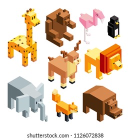 Animales de juguete 3D. Imágenes isométricas aisladas. Girafa vectorial y oso, león e hipopótamo, ilustración de pingüino y ciervo