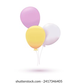 3D Toy Balloons. Realistic Colorful Bunch of Violet, Yellow and White Air Balloons. Vector Illustration Cartoon Minimal Style.