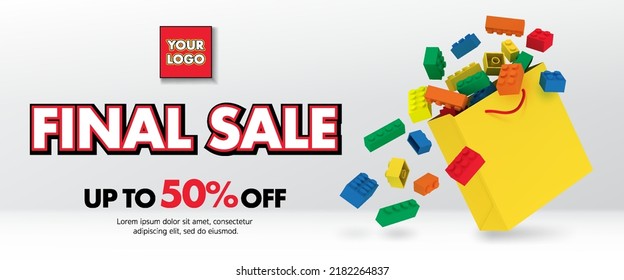 3d toy banner with yellow shopping bag, colorful building block brick toys template for baby and kid store, toy shop, discount sales promotion, online shop, web and social media. vector illustration
