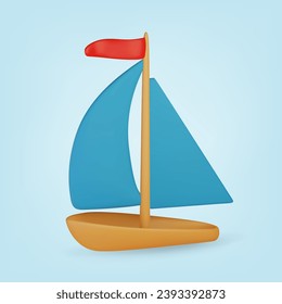 3d toy boat. Realistic render on blue background. Vector illustration.