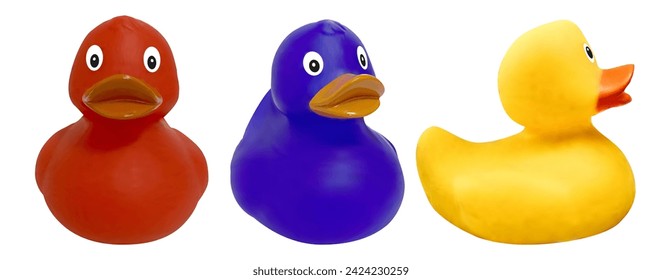 3d toy duck collection on white background. Realistic toy ducks