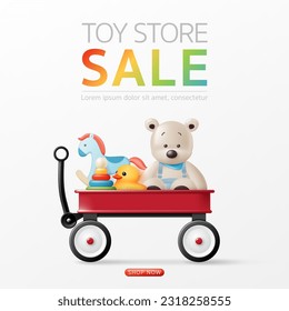 3d Toy store sale banner with cute bear, yellow duck, wooden toy in a toy wagon for kid advertisement, baby flyer, discount promotion online shop, background, poster, social media post, web. vector